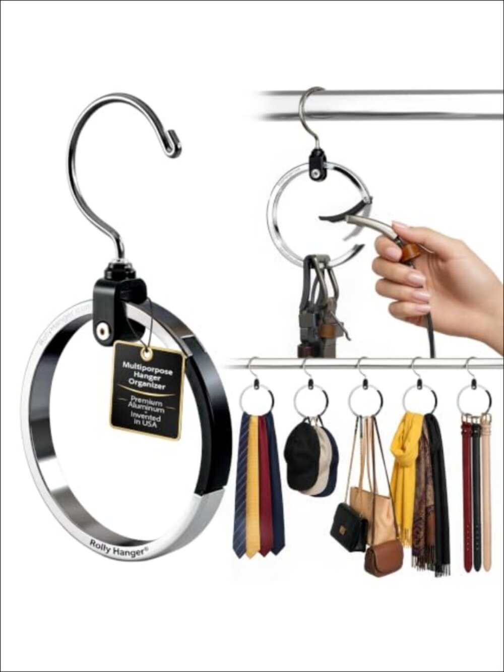 Aluminum Rotating Closet Organizer Hanger 360 Swivel Space Saving for Belts
